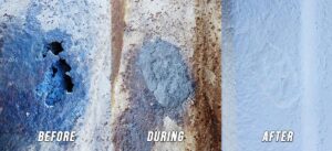 A three-panel comparison showing the evolution of the repair: 1) the original rusted hole, 2) the hole patched with epoxy putty (before painting), and 3) the final painted, smooth repair.