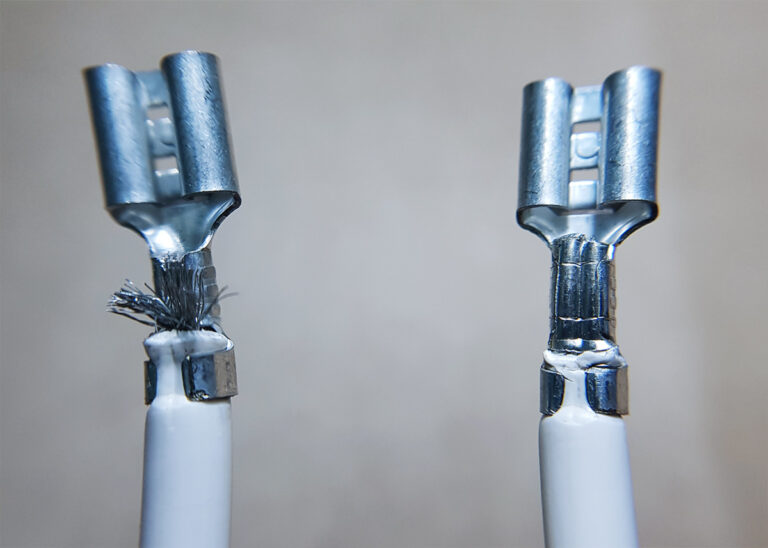 Side-by-side comparison: Standard messy crimp (Left) vs. Clean ferrule crimp (Right).