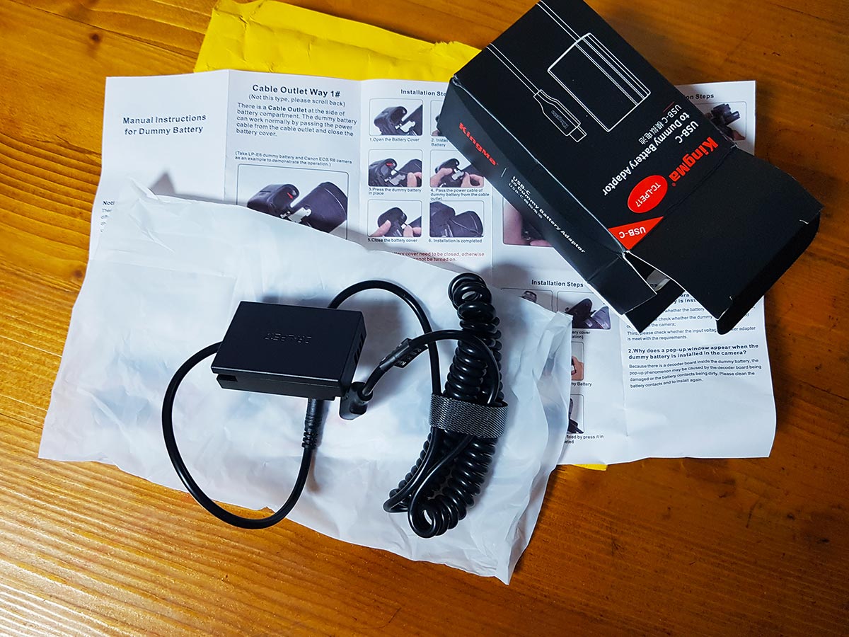 The Canon EOS M3 dummy battery kit purchased from AliExpress.