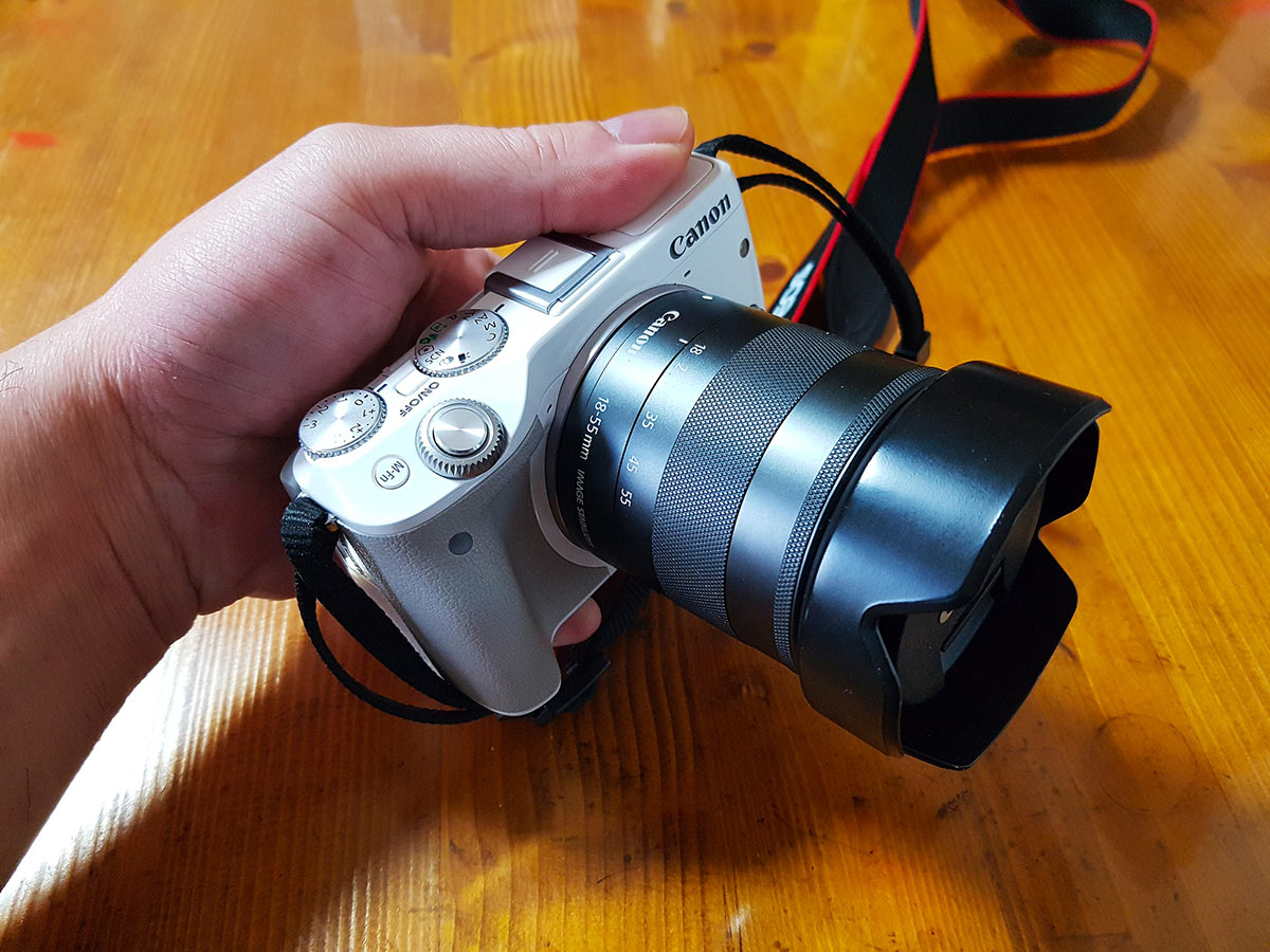 My trusty 11-year-old Canon EOS M3 in hand.